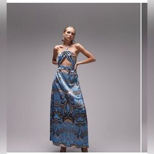 Topshop Blue Paisley Halter Cutout Maxi Dress